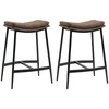Image de Lot de 2 tabourets de bar Vintage avec repose-pied piètement acier noir assise incurvée tissu marron effet vieilli