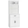 Image de Buffet haut 4 portes étagère niche tiroir coulissant plan de travail poignées métal noir verre trempé MDF blanc
