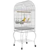Image de Cage à oiseaux volière sur roulettes - étagère, grille, plateau amovible, 2 bols acier inox, perchoir - acier blanc