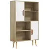 Image de Bibliothèque scandinave 4 niches + 2 placards avec étagère dim. 80L x 24l x 123H cm pieds effilés inclinés bois massif panneaux particules naturel et blanc