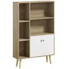 Image de Bibliothèque scandinave dim. 80L x 23,5l x 123H cm 5 niches placard 2 portes pieds effilés inclinés bois massif panneaux particules naturel et blanc