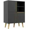 Image de Meuble TV Hi-fi sur pied design scandinave 3 portes 3 étagères 2 niches verre trempé bois gris