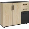 Image de Buffet rangement 3 portes étagère 2 tiroirs coulissants panneaux aspect bois clair noir
