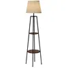 Image de Lampadaire design contemporain 2 étagères intégrées 40 W 166H cm métal noir MDF aspect bois de noyer tissu beige