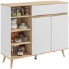 Image de Buffet design scandinave 2 portes tiroir coulissant 4 niches piètement bois de pin panneaux blanc aspect chêne clair