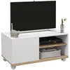 Image de Meuble TV sur roulettes avec 2 freins - 2 niches + placard porte 2 passe-fil - panneaux particules blanc chêne clair