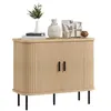 Image de Buffet style scandinave 2 portes coulissantes 4 compartiments acier noir aspect bois clair