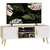 Image de Meuble TV banc TV design scandinave 2 portes 2 niches - blanc effet chêne clair