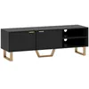 Image de Meuble TV design contemporain 2 portes effet cannelé 2 niches piètement poignées métal doré MDF noir