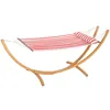 Image de Hamac sur pied en bois - 1 place - bois teinte teck toile 100% coton rouge blanc rayée
