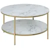 Image de Toilinux - Table basse ronde effet marbre en verre et métal 2 niveaux - L.80 cm x H. 45 cm - Doré et blanc - Alysé