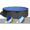 Image de Kit piscine acier gris anthracite Gré Louko ronde 4,80 x 1,22 m + Bâche à bulles + Tapis de sol