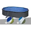 Image de Kit piscine acier gris anthracite Gré Louko ovale 6,34 x 3,99 x 1,22 m + Bâche à bulles + Tapis de sol