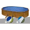 Image de Kit piscine acier aspect bois Gré Pacific ovale 6,34 x 3,99 x 1,22 m + Bâche à bulles + Tapis de sol