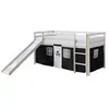 Image de Lit Simple Blanc 90x200 en hauteur avec echelle et rideau Foncé et toboggan