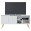 Image de Meuble TV Bar 55 Pouces Blanc Pieds Bois 2 Portes 3 Niches L 135.8 H 58.7 P 36.1cm - L 135.8 x l 36.1 x H 58.7 cm