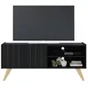 Image de Meuble TV Bar 55 Pouces Noir Pieds Bois 2 Portes 3 Niches L 135.8 H 58.7 P 36.1cm - L 135.8 x l 36.1 x H 58.7 cm