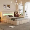 Image de OMAHA - Lit nuage avec coffre de rangement et LED 160x200cm en velours beige avec tête de lit et sommier CONCEPT USINE