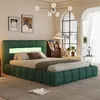 Image de OMAHA - Lit nuage avec coffre de rangement et LED 160x200cm en velours vert avec tête de lit et sommier CONCEPT USINE