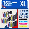 Image de 123CONSOMMABLES - LC1100 LC980 LC985 - Pack 16 cartouches compatibles avec Brother DCP-195C DCP-585CW DCP-385C DCP-375CW MFC-990CW MFC-6490CW MFC-490CW MFC-5890CN MFC-J615W