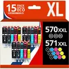 Image de 123CONSOMMABLES - 570 571XL - Pack 15 Cartouches d'encre Compatibles avec Canon 570 571 pour Canon PIXMA TS5055 TS5050 MG5750 TS5053 MG6852 MG6850 MG5700 MG5752 MG5753 (6 Noir / 3 Cyan / 3 Magenta / 3 Jaune)