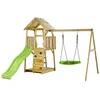 Image de KANGUI Aire de jeux portique en bois WOODI Double balançoire et nid Ø100cm, toboggan, mur d'escalade, bac a sable, cabane, échelle