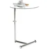 Image de Table d'appoint LEONIE bout de canapé rond table à café table basse hauteur réglable, en métal chromé et verre trempé transparent