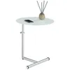 Image de Table d'appoint LEONIE bout de canapé rond table à café table basse hauteur réglable, en métal chromé et verre trempé blanc