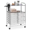 Image de Caisson sur roulettes MARITA chariot 9 tiroirs en plastique blanc transparent et 2 étagères, rangement salle de bain en métal chromé