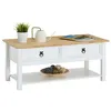 Image de Table basse TEQUILA table de salon rectangulaire style mexicain, avec 2 tiroirs et 1 étagère inférieure, en pin massif blanc et brun