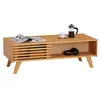Image de Table basse SEAN table de salon rectangulaire design vintage, avec 4 niches et des portes coulissantes ajourées, en pin teinté/ciré