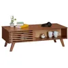 Image de Table basse SEAN table de salon rectangulaire design vintage, 4 niches et des portes coulissantes ajourées, en pin lasuré brun foncé