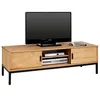 Image de Meuble tv selma banc télévision style industriel design vintage avec 2 portes coulissantes et 3 niches, en pin massif brun clair