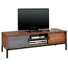 Image de Meuble tv selma banc télévision style industriel design vintage avec 2 portes coulissantes et 3 niches, en pin massif brun foncé