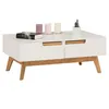 Image de Table basse TIBOR style scandinave design vintage nordique table de salon rectangulaire 2 tiroirs 2 niches pin massif lasuré blanc