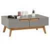 Image de Table basse TIBOR style scandinave design vintage nordique table de salon rectangulaire 2 tiroirs 2 niches en pin massif lasuré gris