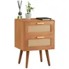 Image de Table de chevet WAMAN petite commode de nuit avec 2 tiroirs, en bois de paulownia lasuré brun et lin naturel, style vintage