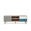 Image de Meuble TV au design scandinave 2 tiroirs avec porte à compartiment ouvert en bois Glabas