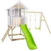 Image de Maisonnette modulable sur pilotis avec balcon, glissière et deux balançoires PERCE-NEIGE en bois FSC®