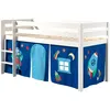 Image de Vipack PINO Lit sureleve en pin massif avec sommier Blanc + Rideau de lit Astro