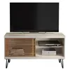 Image de Meuble TV 50 Pouces Blanc et Chêne 1 Porte 3 Niches Pieds Métal L 120 H 65 P 33 cm - L 120 x l 33 x H 65 cm