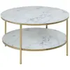 Image de Table basse ronde effet marbre en verre et métal 2 niveaux - L.80 cm x H. 45 cm - Doré et blanc