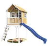 Image de AXI Maison enfant sur pilotis ROMY Brun Blanc avec toboggan Bleu et bac à sable