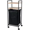 Image de Panier à linge avec étagère métal noir et bambou - 38x32x89.5cm