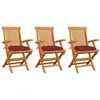 Image de vidaXL Tuinstoelen 3 st met wijnrode kussens massief teakhout3062538