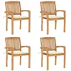 Image de vidaXL 4x Teck Solide Chaises de Jardin Empilables avec Coussins Fauteuils de Terrasse Fauteuils de Salle à Manger d'Extérieur Chaises de Patio