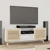 Image de Meuble TV Blanc 105x30x40cm Bois de pin massif et rotin naturel