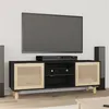 Image de Meuble TV Noir 105x30x40cm Bois de pin massif et rotin naturel