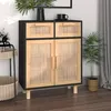 Image de Buffet Noir 60x30x75 cm Bois de pin massif et rotin naturel