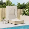 Image de vidaXL Chaise longue double avec toit et rideaux beige résine tressée, transat, lit de jour d'extérieur, lit de jour de 368103